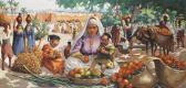 Marchande D'oranges Devant Les Remparts De Marrakech Oil Painting by Antonin Prochazka