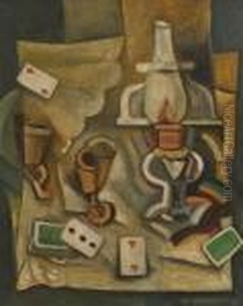 Stillleben Mit Petrollampe Und Spielkarten. 1921 Oil Painting by Antonin Prochazka