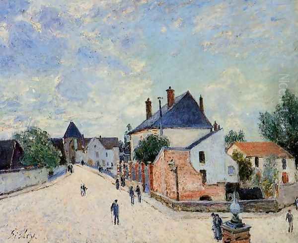 Street in Moret(Porte de Bourgogne from across the Bridge) Oil Painting by Alfred Sisley