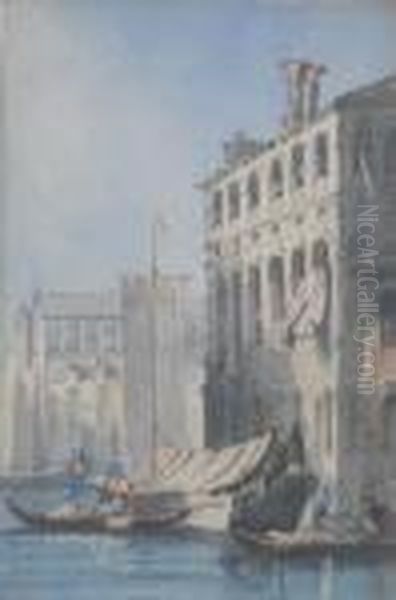 Gondolas And A Barge Before A Palazzo, Venice Oil Painting by Samuel Prout