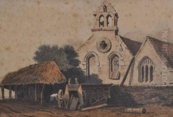 A Ruralchurch Oil Painting by Samuel Prout