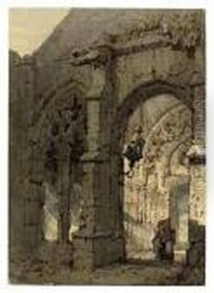 A Figure In A Ruined Cloister With Gothic Tracery Oil Painting by Samuel Prout