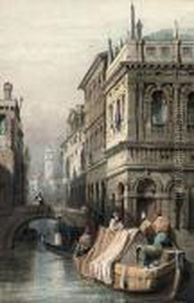 Gondalas Passing Under A Bridge On A Venetian Canal Oil Painting by Samuel Prout