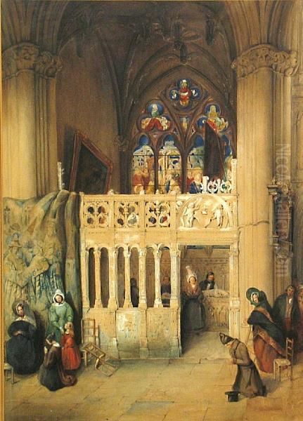 A Courtyard; A Church Interior Oil Painting by Samuel Prout