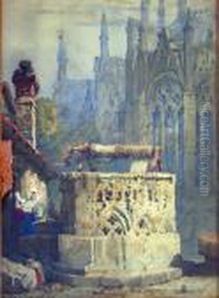 An Ancient Well Near A Cathedral Oil Painting by Samuel Prout