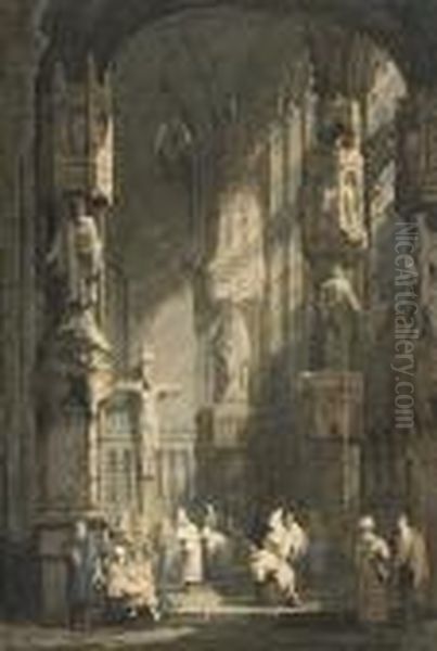 Figures At Prayer Inside A Cathedral Oil Painting by Samuel Prout