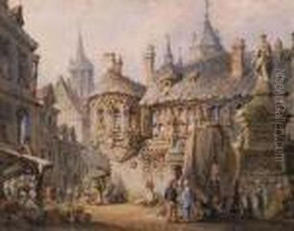 Figures In A Continental Street Scene Oil Painting by Samuel Prout