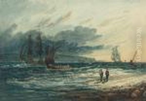 Shipping Off The Coast, Evening Oil Painting by Samuel Prout