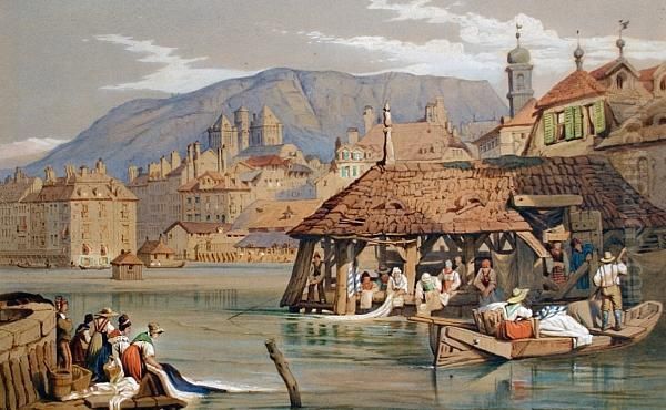 Geneva From The Rhone Oil Painting by Samuel Prout