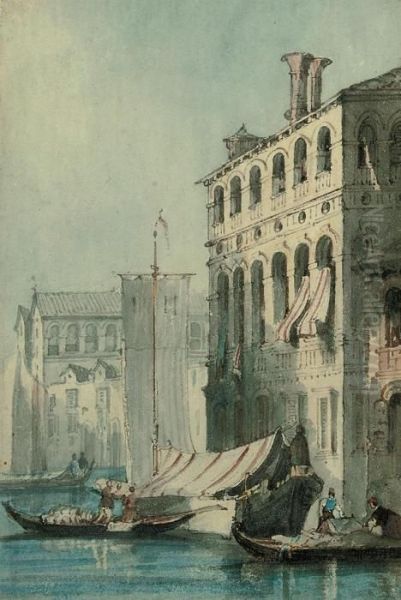 Gondalas Before A Palazzo On The Grand Canal, Venice Oil Painting by Samuel Prout