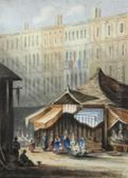 A French Market Oil Painting by Samuel Prout