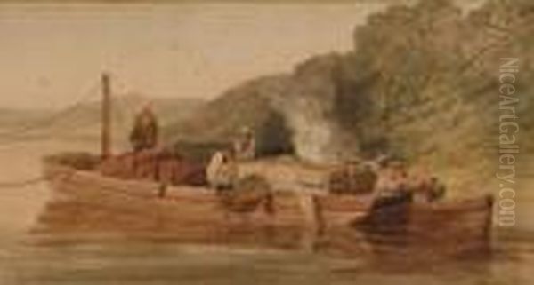 Four Men In A River Barge Taking A Load Upstream Oil Painting by Samuel Prout