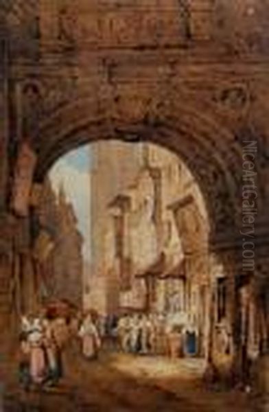 Figures In A Busy Northern European Street Scene Oil Painting by Samuel Prout