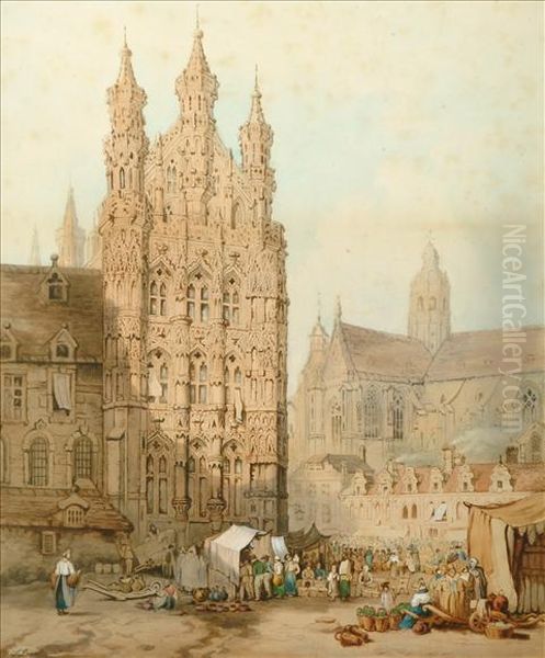 The City Hall And Cathedral At Leuven In Belgium Oil Painting by Samuel Prout