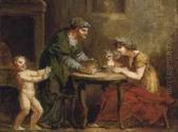 An Old Woman Serving A Lady Seated At A Table, With A Childattending Oil Painting by Pierre-Paul Prud'hon