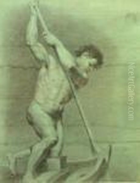 Academic Study Of A Male Nude Standingfull-length Holding An Oar Oil Painting by Pierre-Paul Prud'hon