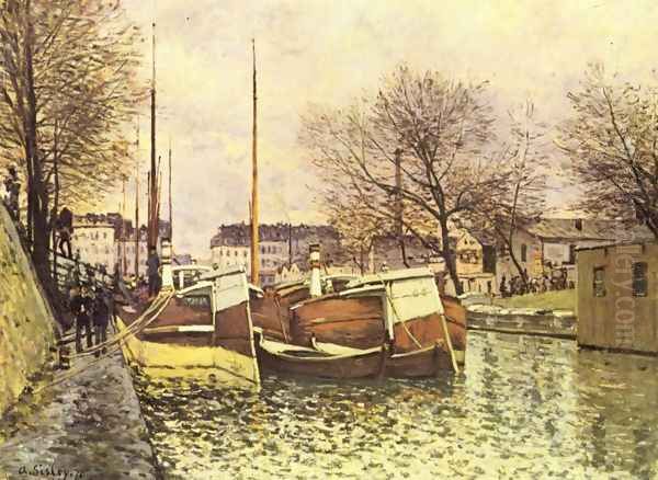 Punts on the channel Saint Martin in Paris Oil Painting by Alfred Sisley