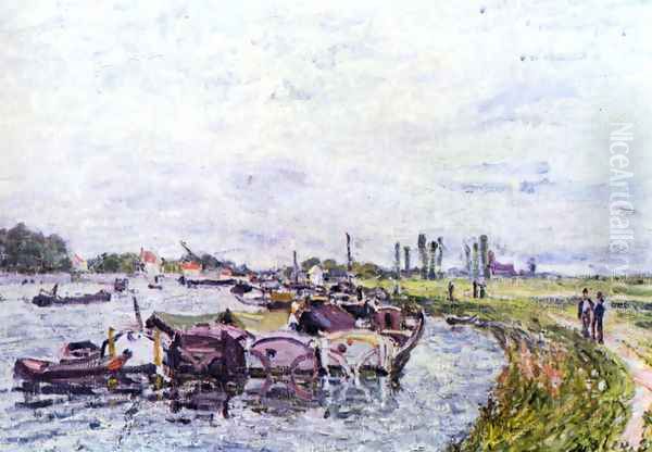 Freight punts with Saint Mammès Oil Painting by Alfred Sisley