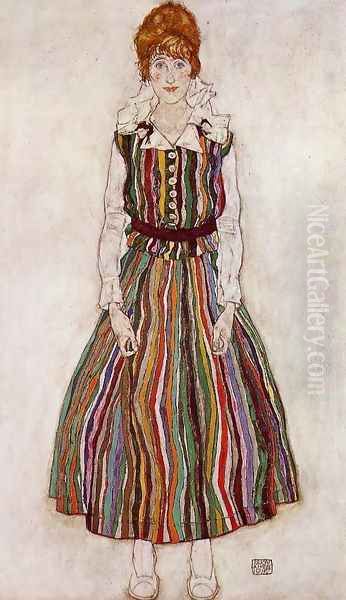 Portrait Of Edith Schiele In A Striped Dress Oil Painting by Egon Schiele