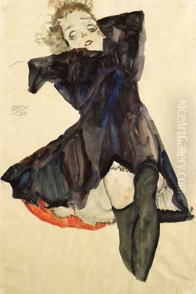 Girl In Blue Dress Oil Painting by Egon Schiele