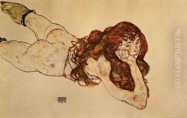 Female Nude Lying On Her Stomach Oil Painting by Egon Schiele