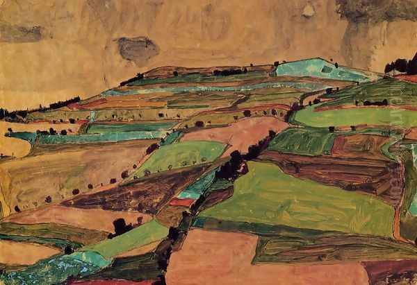 Field Landscape Aka Kreuzberg Near Krumau Oil Painting by Egon Schiele