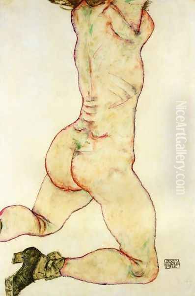 Kneeling Female Nude Back View Oil Painting by Egon Schiele