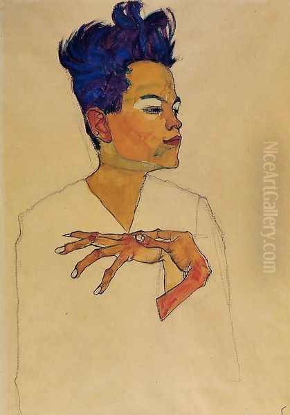 Self Portrait With Hands On Chest Oil Painting by Egon Schiele