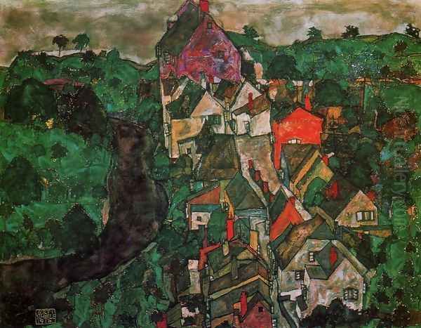 Krumau Landscape Aka Town And River Oil Painting by Egon Schiele