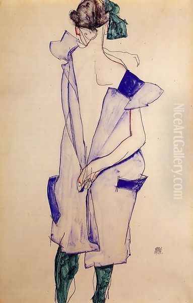 Standing Girl In A Blue Dress And Green Stockings Back View Oil Painting by Egon Schiele