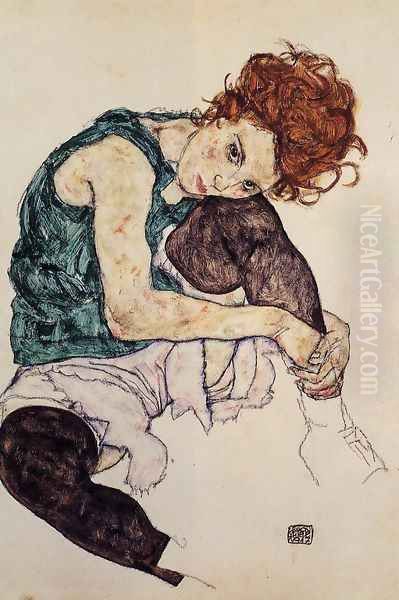 Seated Woman With Bent Knee Oil Painting by Egon Schiele