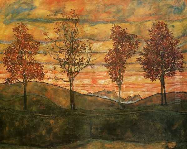 Four Trees Oil Painting by Egon Schiele