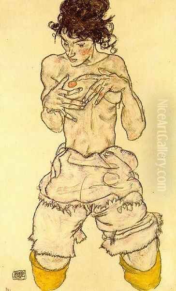 Woman touching her breast Oil Painting by Egon Schiele