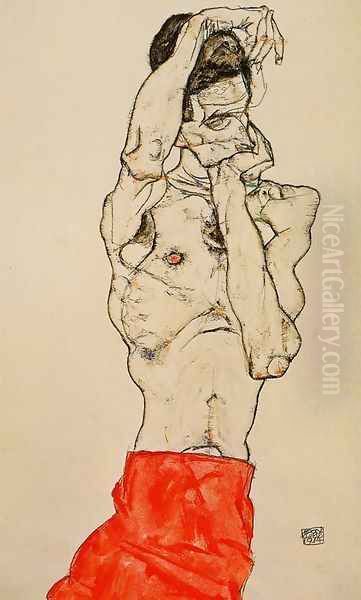 Standing Male Nude With A Red Loincloth Oil Painting by Egon Schiele