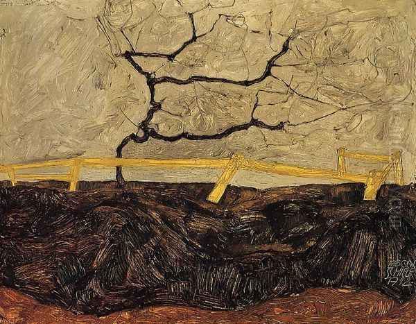 Bare Tree Behind A Fence Oil Painting by Egon Schiele