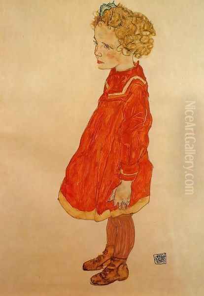 Little Girl With Blond Hair In A Red Dress Oil Painting by Egon Schiele