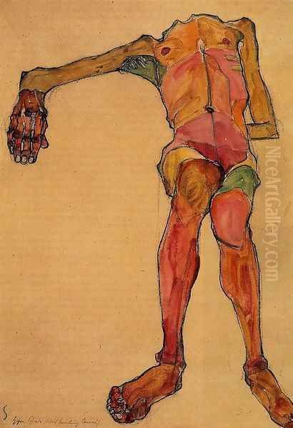 Seated Male Nude Right Hand Outstretched Oil Painting by Egon Schiele