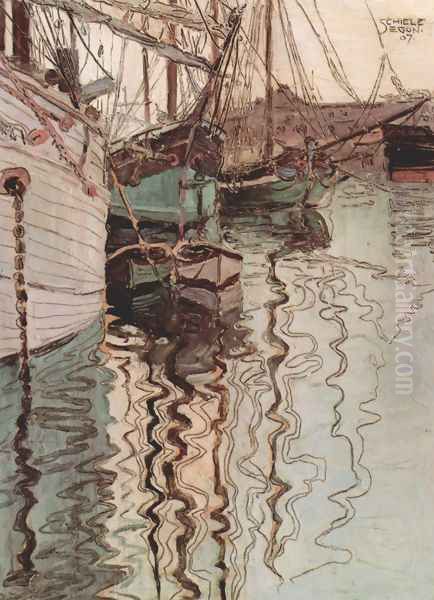 Sailing ships in the waves-exciting water (the harbour of Trieste) Oil Painting by Egon Schiele