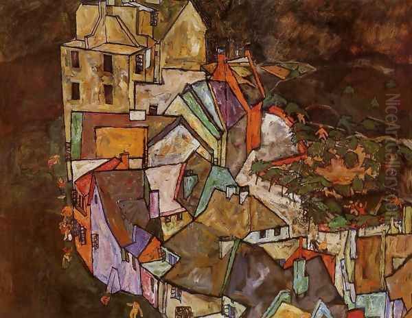 Edge Of Town Aka Krumau Town Crescent III Oil Painting by Egon Schiele