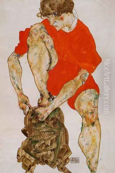 Female Model In Bright Red Jacket And Pants Oil Painting by Egon Schiele