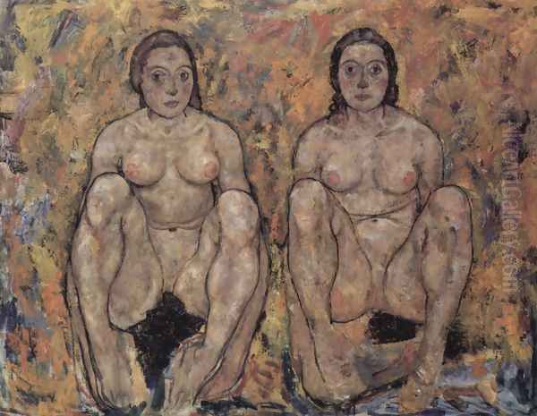 Squatting women's pair Oil Painting by Egon Schiele