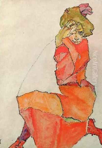 Kneeling Girl in Orange-Red Dress Oil Painting by Egon Schiele