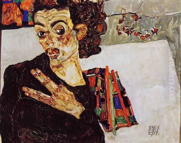 Self Portrait With Black Vase And Spread Fingers Oil Painting by Egon Schiele