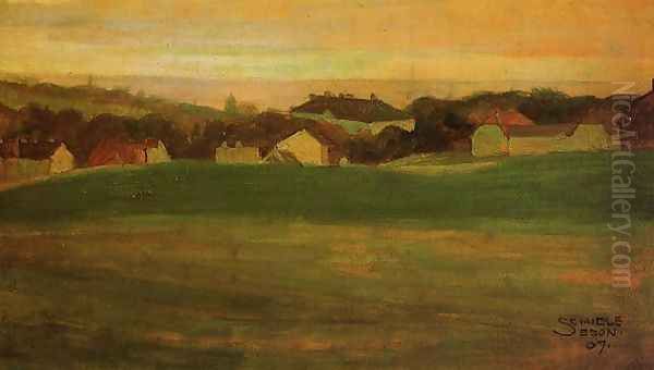 Meadow With Village In Background II Oil Painting by Egon Schiele