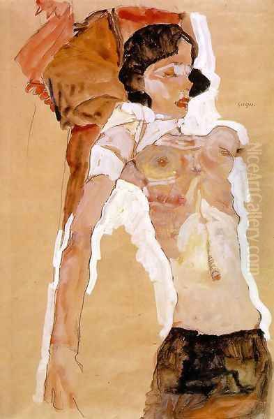 Semi-Nude Girl, Reclining Oil Painting by Egon Schiele