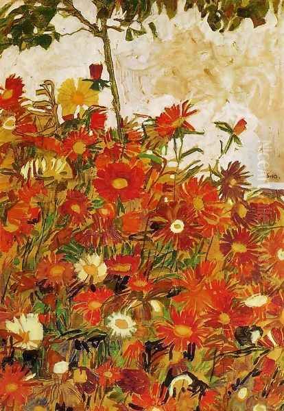 Field Of Flowers Oil Painting by Egon Schiele