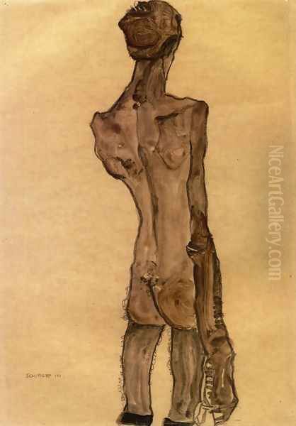 Standing Male Nude, Back View Oil Painting by Egon Schiele