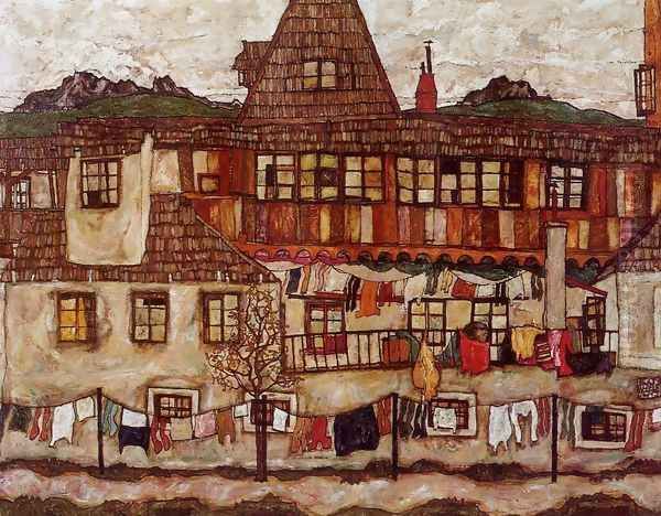 House With Drying Laundry Oil Painting by Egon Schiele