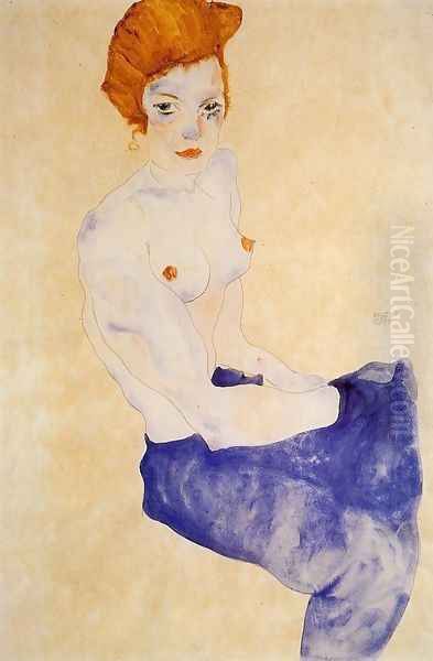 Seated Girl With Bare Torso And Light Blue Skirt Oil Painting by Egon Schiele