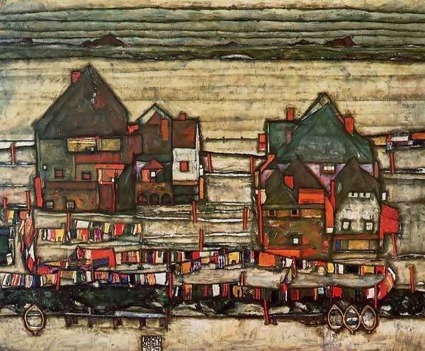 Houses With Laundry Aka Seeburg II Oil Painting by Egon Schiele